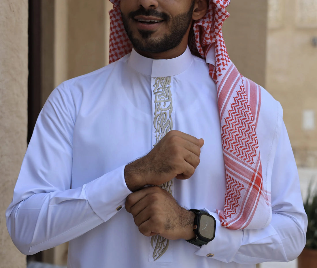White and Gold Embroidery Thobe for Men