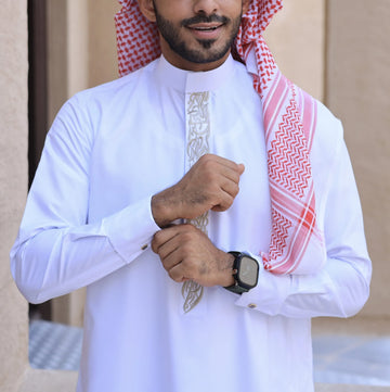 White and Gold Embroidery Thobe for Men